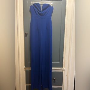 Royal blue strapless one-piece pantsuit.